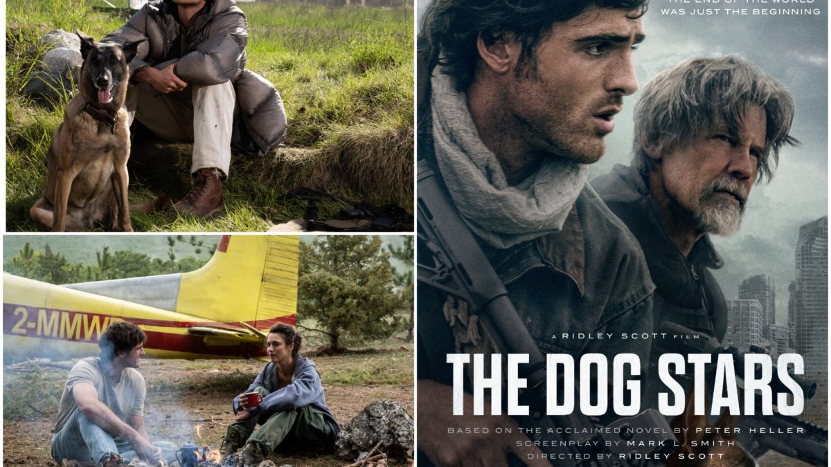 A collage featuring scenes from 'The Dog Stars,' including a man with a dog in a rustic outdoor setting, a couple by a campfire near an old airplane, and a dramatic poster showcasing the film's title and main characters. The poster highlights themes of survival and companionship.