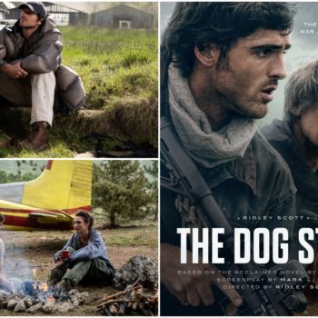 A collage featuring scenes from 'The Dog Stars,' including a man with a dog in a rustic outdoor setting, a couple by a campfire near an old airplane, and a dramatic poster showcasing the film's title and main characters. The poster highlights themes of survival and companionship.