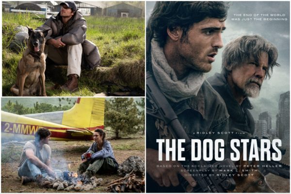 A collage featuring scenes from 'The Dog Stars,' including a man with a dog in a rustic outdoor setting, a couple by a campfire near an old airplane, and a dramatic poster showcasing the film's title and main characters. The poster highlights themes of survival and companionship.