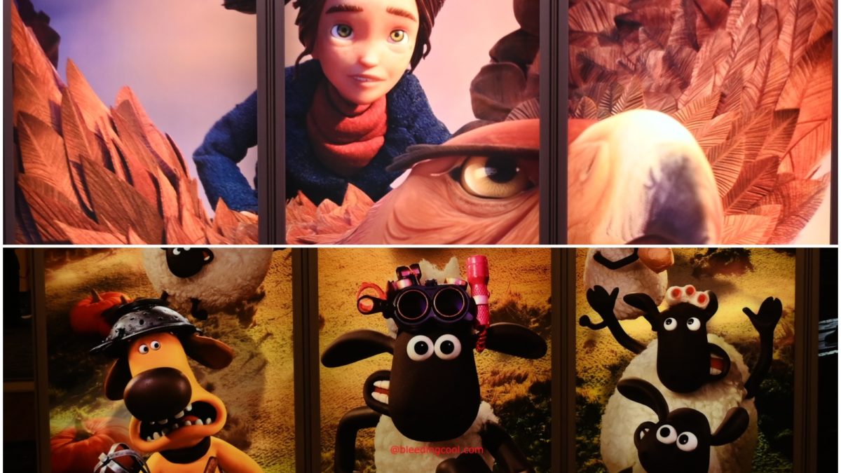 A vibrant illustration showcasing characters from the animated films 'Wildwood' and 'Shaun the Sheep.' The upper half features a girl with brown hair and a large eagle, while the lower half displays quirky sheep characters in playful poses.