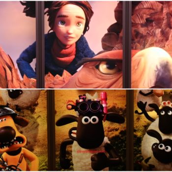 A vibrant illustration showcasing characters from the animated films 'Wildwood' and 'Shaun the Sheep.' The upper half features a girl with brown hair and a large eagle, while the lower half displays quirky sheep characters in playful poses.